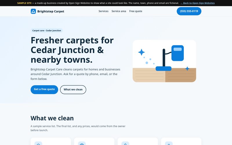 Screenshot of a sample website for a carpet cleaning service