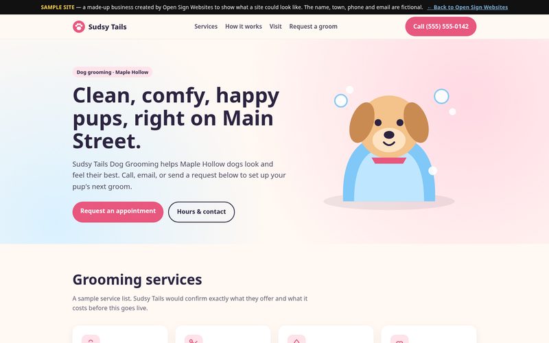 Screenshot of a sample one-page website for a dog grooming shop