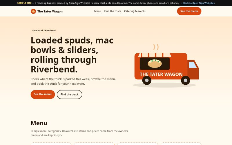 Screenshot of a sample website for a food truck